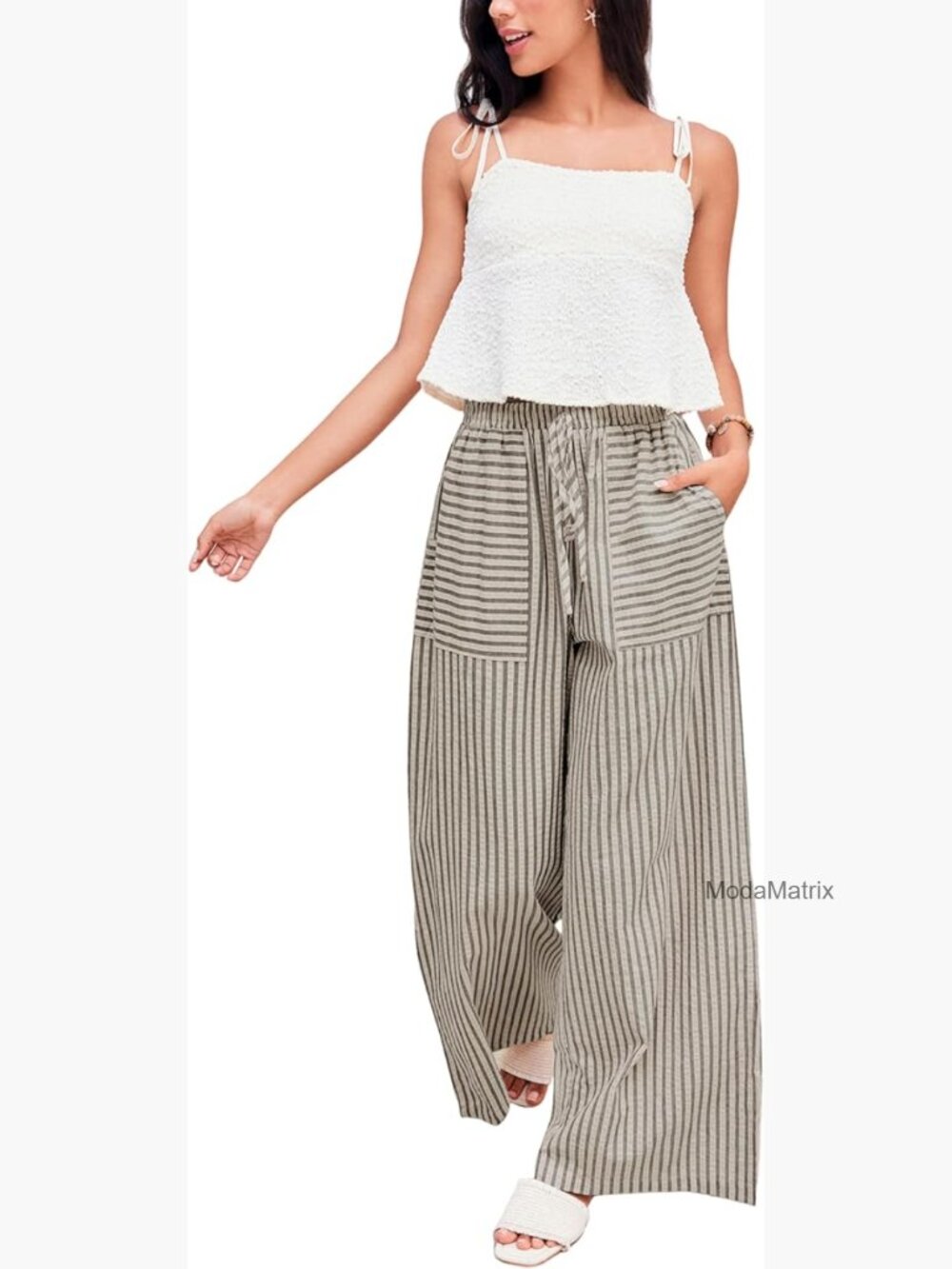 Wide Leg Pants Drawstring Mid Rise Casual Palazzo Trousers with Pockets